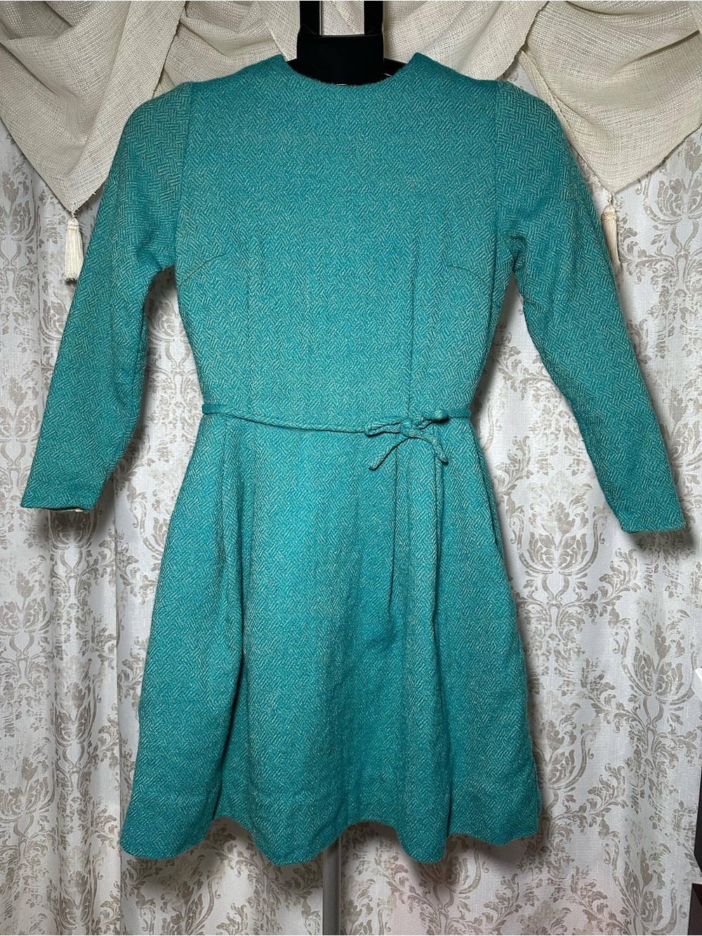 Vintage Teal Long-Sleeve Fit-and-Flare Dress